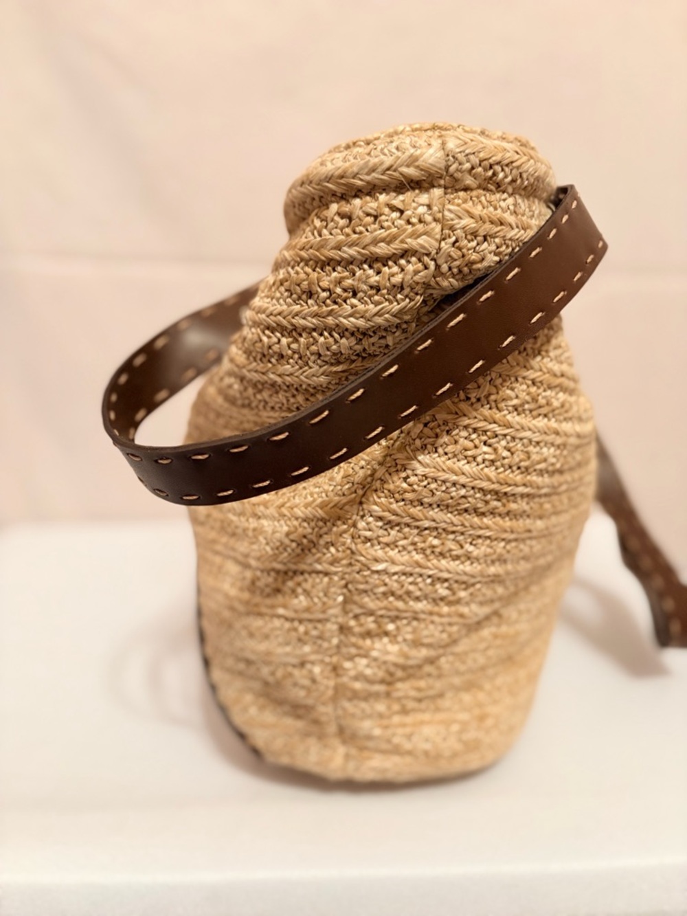 Woven Straw Tote with Decorative Brown Leather Overlay - Picture 5 of 7
